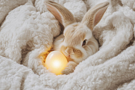 A warm and cozy Easter Bunny snuggled under a fluffy blanket, holding a small glowing Easter egg that emits a soft golden light.の素材