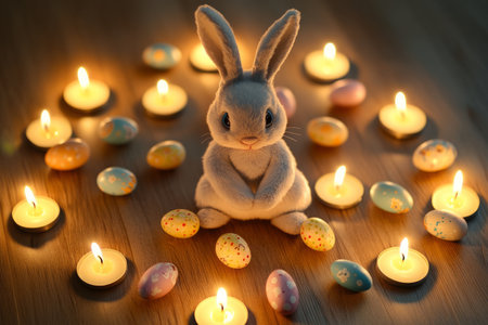 A peaceful Easter Bunny sitting in a circle of glowing candles, with tiny painted Easter eggs arranged neatly around it in a radiant pattern.の素材