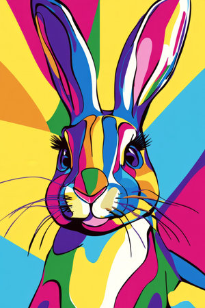 A vibrant pop-art Easter Bunny with exaggerated shapes, bright neon colors, and bold comic-style outlines, perfect for modern graphic design.の素材