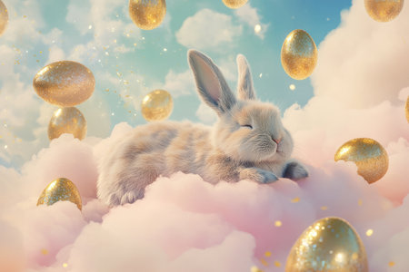 A surreal, dreamlike Easter Bunny scene featuring a giant fluffy rabbit resting on a pink cloud, surrounded by golden Easter eggs floating in the sky.の素材