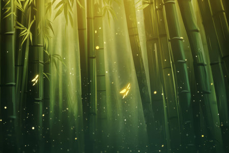 A tranquil bamboo forest background with soft golden sunlight filtering through the towering green stalks, casting delicate patterns of shadows across the forest floor.の素材