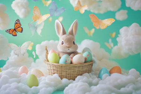 A playful Easter Bunny in a basket of colorful Easter eggs, surrounded by floating butterflies and soft pastel clouds above.の素材