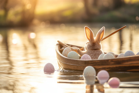 A peaceful Easter Bunny floating in a rowboat down a calm river, surrounded by floating Easter eggs reflecting soft morning light.の素材