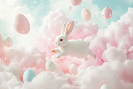 A playful Easter Bunny bouncing on fluffy cotton candy clouds, leaving behind a sparkling trail of floating Easter eggs in soft pastel tones.の素材