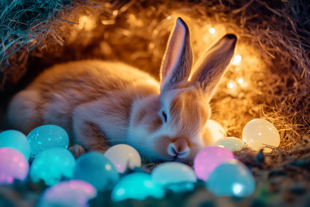 A peaceful Easter Bunny sleeping inside a cozy burrow, surrounded by glowing, bioluminescent Easter eggs that softly illuminated the dark earth.の素材