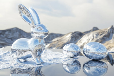 A shiny, metallic Easter Bunny gliding through a futuristic landscape, with sleek silver eggs floating alongside.の素材