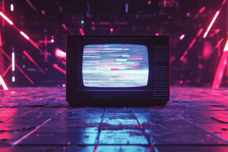A VHS cassette-inspired background with glitch effects, neon reflections, and a grainy, analog TV screen overlay.の素材