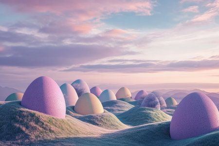 A surreal, dreamlike Easter Bunny landscape where giant Easter eggs form rolling hills under a pastel-hued sky.の素材