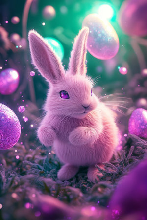 A whimsical, fantasy-style Easter Bunny with glowing pink fur, hopping through a sparkling field filled with floating, translucent Easter eggs.の素材
