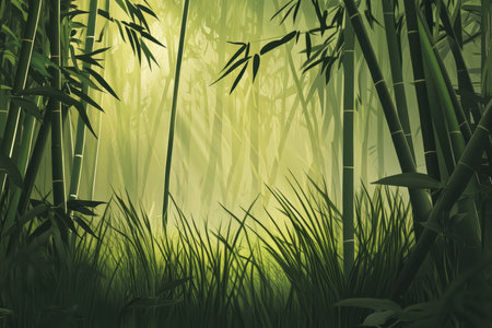 A tranquil bamboo forest background with soft golden sunlight filtering through the towering green stalks, casting delicate patterns of shadows across the forest floor.の素材