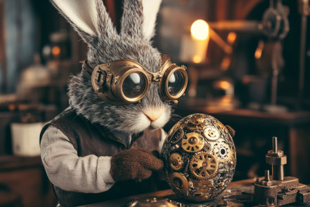 A steampunk Easter Bunny wearing vintage goggles and a leather vest, carefully assembling an intricate mechanical Easter egg with brass gears and cogs.の素材