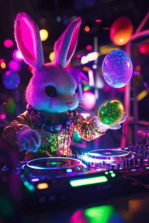 A neon-lit Easter Bunny DJ spinning records at a futuristic party, with holographic Easter eggs floating in the air as colorful lights flash.の素材