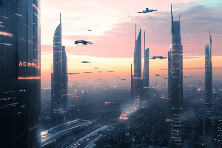 A sci-fi cityscape at dawn, where towering glass skyscrapers reflect the soft pinks and blues of the sunrise, with automated drones soaring silently above the streets.の素材