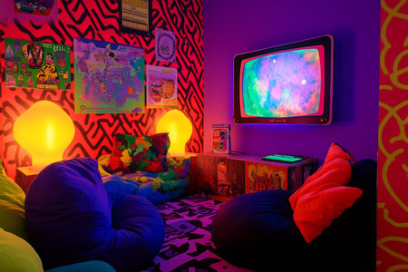 A vibrant 90s-themed bedroom interior with lava lamps, bean bag chairs, geometric wallpaper, and colorful posters, all illuminated by the soft glow of a CRT television screen.の素材