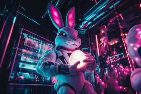 A sleek, futuristic Easter Bunny holding a glowing egg, surrounded by digital displays and neon lights.の素材