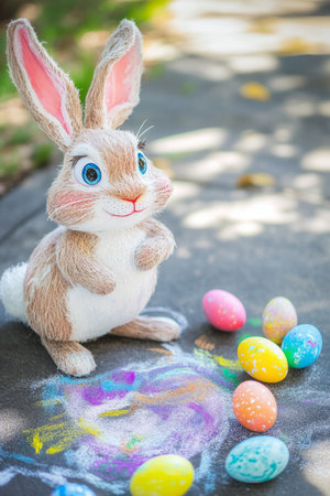 A playful Easter Bunny creating chalk art on a sidewalk, with vibrant pastel-colored eggs scattered around.の素材