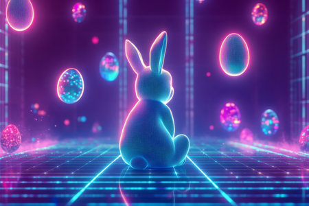 A neon-glowing Easter Bunny sitting on a digital grid, surrounded by floating holographic Easter eggs emitting a futuristic cyberpunk glow.の素材