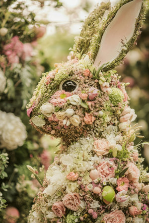 A surreal Easter Bunny made entirely of delicate flowers and vines, blending seamlessly into a dreamy botanical garden.の素材
