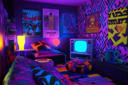 A vibrant 90s-themed bedroom interior with lava lamps, bean bag chairs, geometric wallpaper, and colorful posters, all illuminated by the soft glow of a CRT television screen.の素材