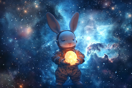 A retro-futuristic Easter Bunny with a spacesuit, holding a glowing egg in a distant galaxy, surrounded by sparkling stars and nebulae.の素材