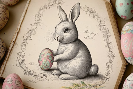 A vintage-style Easter Bunny illustrated in an old-fashioned book, surrounded by decorative borders and ornate hand-drawn Easter egg designs.の素材