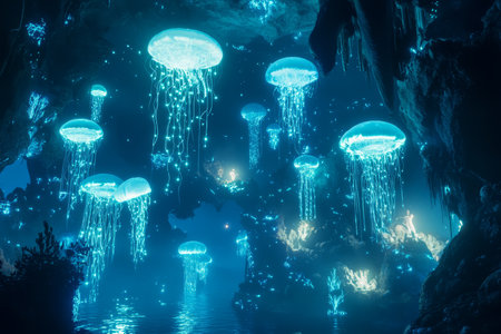 A surreal underwater cavern with glowing jellyfish-like structures, floating islands, and mysterious bioluminescent plants casting soft, dreamlike glows.の素材