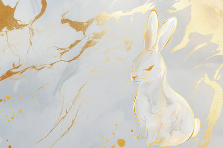 A sleek and stylish modern Easter Bunny silhouette outlined with golden strokes, placed against a luxury-inspired marble and gold background.の素材