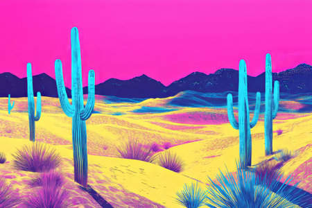 A surreal risograph desert, where cacti and dunes are outlined in bold, high-contrast cyan, magenta, and yellow, creating a stark, graphic aesthetic.の素材