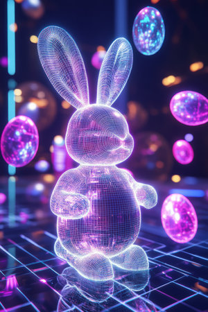A sleek, futuristic Easter Bunny made of glowing neon wireframes, set against a digital cyberpunk-style background with floating holographic Easter eggs.の素材