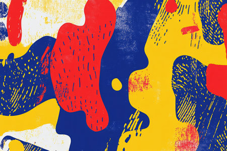 A vibrant risograph-style background with exaggerated patterns and figures, bold use of primary colors like red, blue, and yellow, combined with grainy textures for an artistic and nostalgic feelの素材