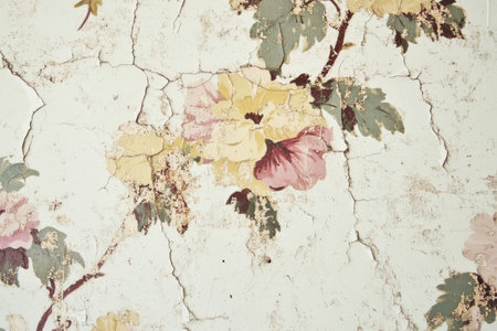 A weathered vintage wallpaper with intricate floral motifs, faded gold detailing, and a slightly torn texture.の素材