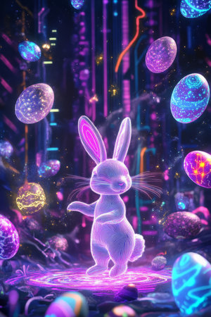 A neon Easter Bunny standing in a cosmic background, surrounded by floating Easter eggs that radiate glowing galaxy patterns.の素材