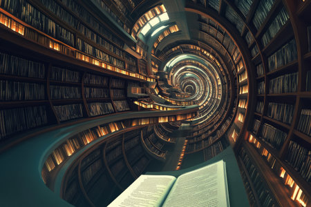 A surreal library where bookshelves twist and spiral infinitely, with glowing pages floating in mid-air, forming a maze of endless knowledge.の素材