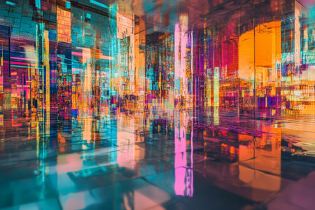A surrealist glass cityscape with infinite reflections, impossible structures, and shimmering color distortions.の素材