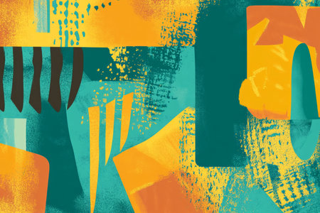 A vibrant risograph-style background with distorted shapes and exaggerated elements like bold lines and squares, combined with grainy textures in shades of yellow, teal, and orangeの素材