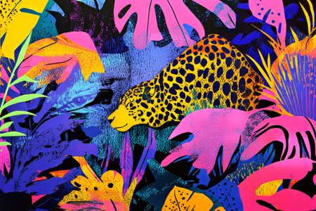 A surreal risograph jungle where animals and plants blend into abstract shapes, exaggerated colors, and bold, grainy textures.の素材