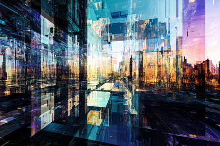 A surrealist glass cityscape with infinite reflections, impossible structures, and shimmering color distortions.の素材