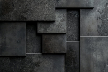 Minimalist brutalist background with dark, rough textures and monochrome tones, combined with geometric shapes like rectangles and squares for a strong, industrial aestheticの素材
