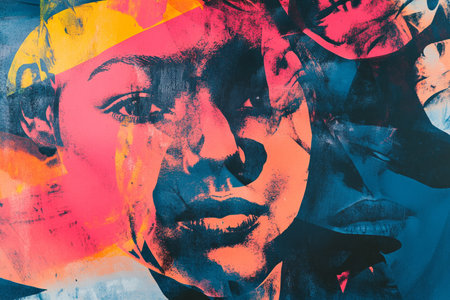 A portrait-style risograph background featuring distorted human faces, dramatic overprint layering, and a mix of bold expressive colors with a grainy print effect.の素材