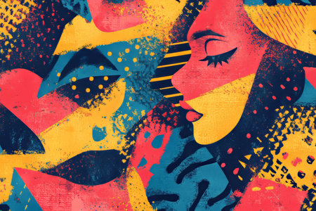 A vibrant risograph-style background with exaggerated patterns and figures, bold use of primary colors like red, blue, and yellow, combined with grainy textures for an artistic and nostalgic feelの素材