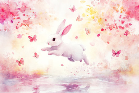 A watercolor Easter Bunny leaping over a gentle stream, surrounded by cherry blossom petals and soft pastel butterflies.の素材