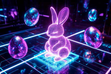 A neon-glowing Easter Bunny sitting on a digital grid, surrounded by floating holographic Easter eggs emitting a futuristic cyberpunk glow.の素材