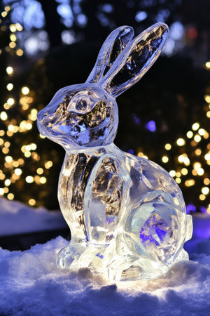 A stunning Easter Bunny sculpture made entirely of ice, glistening under the soft glow of fairy lights in a wintery Easter wonderland.の素材