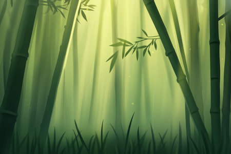 A tranquil bamboo forest background with soft golden sunlight filtering through the towering green stalks, casting delicate patterns of shadows across the forest floor.の素材