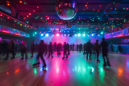 A vibrant roller disco with glowing neon accents, polished wooden floors reflecting multicolored lights, and silhouettes of people skating under a massive disco ball.の素材