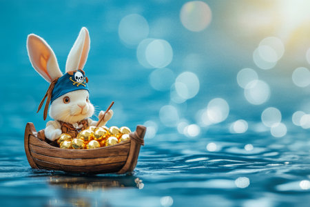A playful Easter Bunny dressed as a pirate, sailing a tiny wooden boat filled with treasure-like golden Easter eggs across a shimmering blue lake.の素材