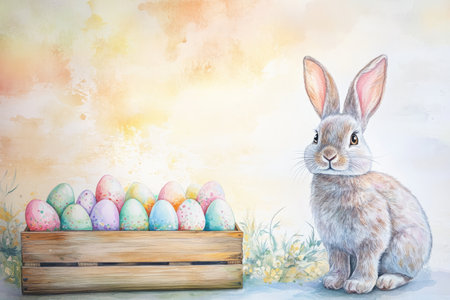 A soft pastel watercolor Easter Bunny standing next to a wooden crate filled with freshly painted eggs, with a warm sunlight glow in the background.の素材