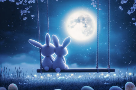 A romantic Easter Bunny couple sitting on a swing, their fluffy tails touching as they gaze at a moonlit field of Easter eggs.の素材