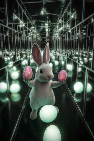 A surreal Easter Bunny standing in a mirror maze, surrounded by endless reflections of itself, each holding a different glowing Easter egg.の素材