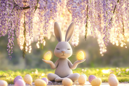 A serene Easter Bunny meditating under a blooming wisteria tree, surrounded by levitating Easter eggs glowing softly in warm pastel tones.の素材